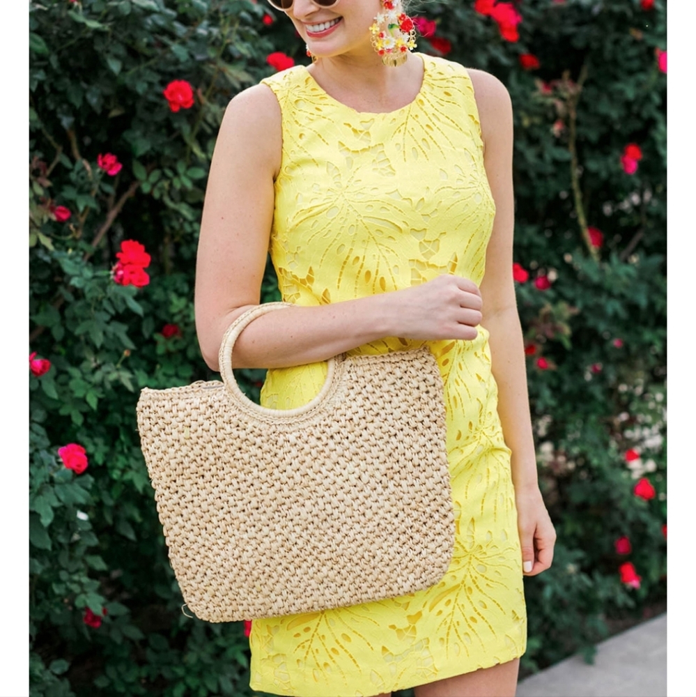 Banana Republic Yellow Monstera Leaf Eyelet Lace Sleeveless Shift Dress  size 10